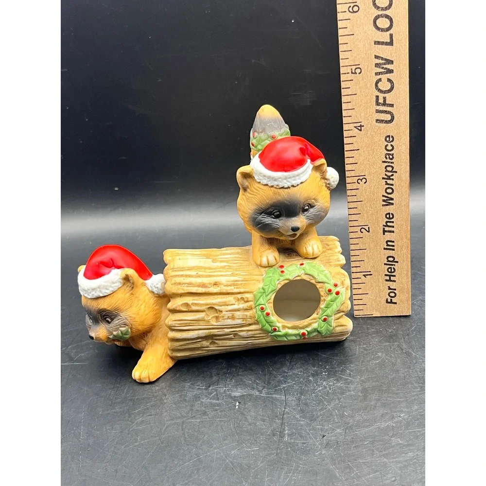 Vtg RR Roman Ceramic Raccoon Log‎ Christmas Holiday Figurine Santa Hats 5